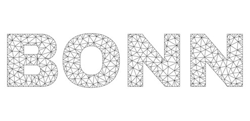 Mesh vector BONN text. Abstract lines and spheric points form BONN black carcass symbols. Linear carcass 2D polygonal network in eps vector format.