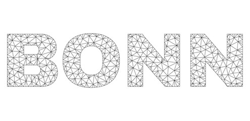Mesh vector BONN text. Abstract lines and spheric points form BONN black carcass symbols. Linear carcass 2D polygonal network in eps vector format.