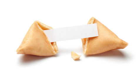 Chinese fortune cookies. Cookies with empty blank inside for prediction words. Isolated on white background. - obrazy, fototapety, plakaty