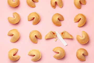 Chinese fortune cookies. Cookies texture pattern with empty blank inside for word prediction. Pink...