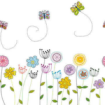 Seamless funny floral border with flowers and butterflies
