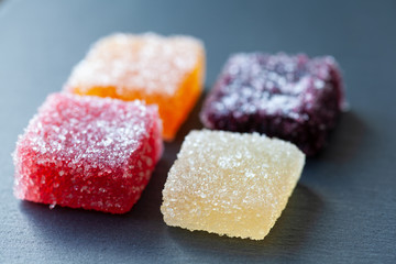 Fruit Jellies closeup on a slate tray