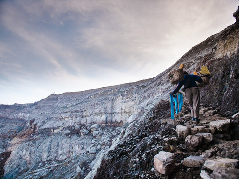 Sulfer Miners walking inside the crater