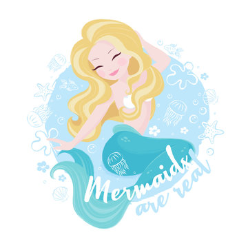 Popular pastel mermaid set. Happy and beautiful mermaid on blue background. Print for t shirts or kids fashion artworks, children books. Fashion illustration drawing in modern style. Cute Mermaid.