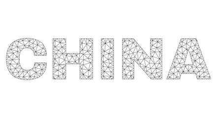 Mesh vector CHINA text. Abstract lines and spheric points form CHINA black carcass symbols. Linear carcass flat polygonal mesh in eps vector format.