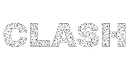 Mesh vector CLASH text. Abstract lines and small circles are organized into CLASH black carcass symbols. Linear carcass 2D polygonal mesh in vector format.