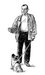 Hand drawing of a casual townsman strolling with his pet