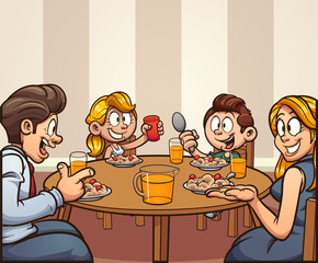 Cartoon family having breakfast eating at the table clip art. Vector illustration with simple gradients. Some elements on separate layers. 