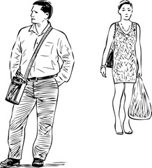 Fototapeta na wymiar Sketches of casual townspeople standing on a bus stop