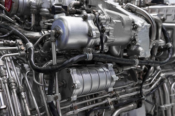 Engine of fighter jet, internal structure with hydraulic, fuel pipes and other hardware and equipment, army aviation, military aircraft and aerospace industry