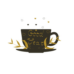 Stylish illustration with cup of coffee. Hipster poster design. Vector background with space elements on the cup and lettering Good Year.