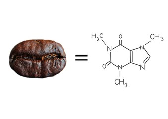 Chemical formula of Caffeine with roasted coffee spill out of cup on white background.