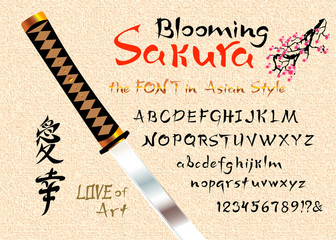 Vector handwritten brush font. Japanese style Typeface.