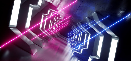 Spaceship Corridor Neon Glowing Purple Blue Vibrant Sci Fi Futuristic Metal Reflective Concrete Hallway Entrance Gate 3D Rendering