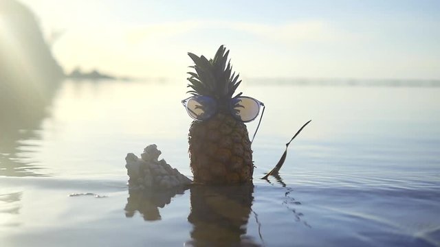 Pineapple fruit in sunglasses on sand against turquoise caribbean sea water. Tropical summer vacation concept