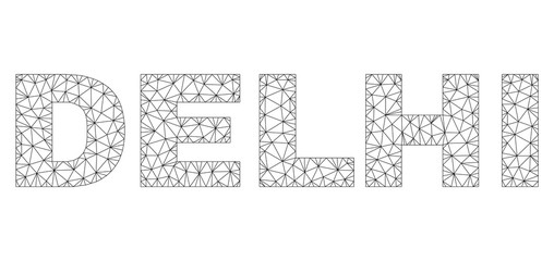 Mesh vector DELHI text. Abstract lines and small circles form DELHI black carcass symbols. Wire carcass 2D triangular mesh in vector format.