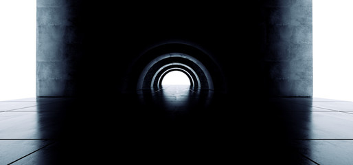 Underground Wall Oval Arc Concrete Blue Glow Corridor Spaceship Glowing Futuristic Sci Fi White Laser Stage Empty Tunnel Reflective Grunge Oval Arc Alien 3D Rendering