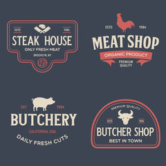 Set of Butcher Shop and Butchery hand written lettering logo, label, badge, emblem. Template for shop, cover, sticker, print, business works. Vintage retro style.