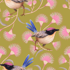 pink flowers seamless pattern with birds on a gold background