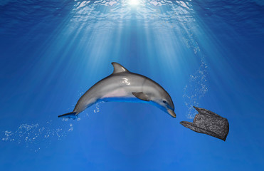 Delfín, fondo del mar, bolsa de plástico, contaminación. Ilustración