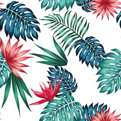 Vivid tropical blue green leaves red flowers seamless white background
