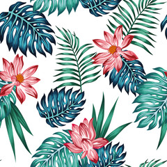 Realistic tropical blue green leaves red lotus flowers seamless white background