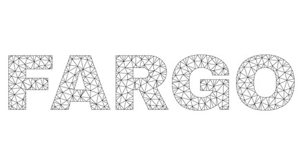 Mesh vector FARGO text. Abstract lines and small circles are organized into FARGO black carcass symbols. Wire carcass 2D triangular mesh in vector format.