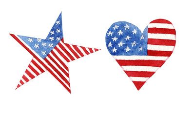 hand drawn watercolor heart and star with american flag isolated on white background