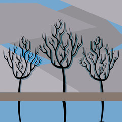 trees reflected in water abstract background