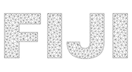 Mesh vector FIJI text caption. Abstract lines and circle dots form FIJI black carcass symbols. Wire carcass flat triangular mesh in vector format.