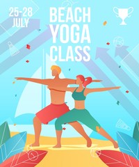 Gradient cartoon flat characters summer sport activity,landing page,yoga class banner flyer poster,web online concept,healthy lifestyle design.Flat cartoon family people doing yoga on beach,training