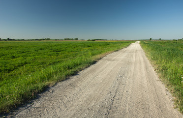 Gravel road to the horizon, green meadow and blue sky