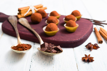 chocolate truffles, cocoa powder, broken dark chocolate on white wooden
