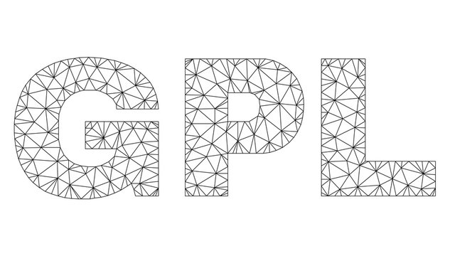 Mesh vector GPL text caption. Abstract lines and points are organized into GPL black carcass symbols. Linear carcass 2D polygonal mesh in vector EPS format.