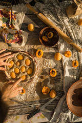 woman in gentle sundress cooking a sweet pie with fresh apricots on a sunny summer day