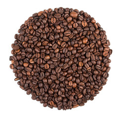 Round heap of roasted coffee beans top view isolated on white background