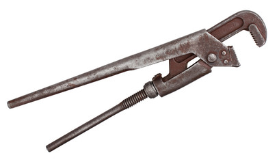 Old rusty pipe wrench on white background
