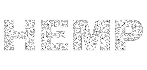 Mesh vector HEMP text. Abstract lines and circle dots form HEMP black carcass symbols. Linear carcass flat polygonal mesh in eps vector format.