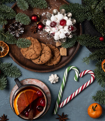 christmas cookies cup of tea tree new year top view