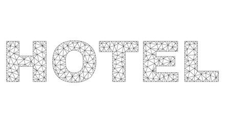 Mesh vector HOTEL text. Abstract lines and small circles form HOTEL black carcass symbols. Linear frame flat triangular mesh in vector EPS format.