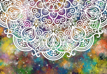 Abstract mandala graphic design and watercolor digital art painting for ancient geometric concept background