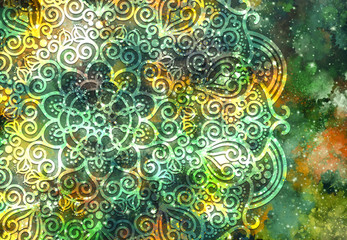 Abstract mandala graphic design and watercolor digital art painting for ancient geometric concept background