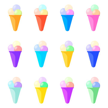 Set of ice cream of the same type, but different colors. Vector illustration on white background