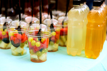Fototapeta na wymiar Fresh summer water, tropical fruits lemonade cocktail