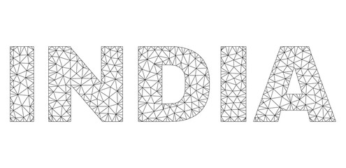 Mesh vector INDIA text. Abstract lines and points are organized into INDIA black carcass symbols. Wire carcass 2D triangular mesh in vector EPS format.