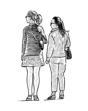 Sketch of casual urban gerls standing on a street