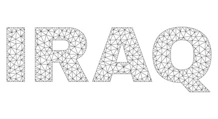 Mesh vector IRAQ text. Abstract lines and spheric points are organized into IRAQ black carcass symbols. Wire carcass 2D polygonal mesh in vector format.