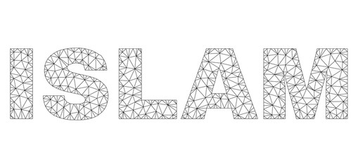 Mesh vector ISLAM text. Abstract lines and spheric points are organized into ISLAM black carcass symbols. Wire carcass flat polygonal mesh in vector EPS format.
