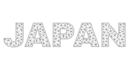 Mesh vector JAPAN text. Abstract lines and circle dots are organized into JAPAN black carcass symbols. Linear carcass flat polygonal mesh in eps vector format.