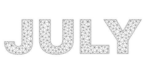 Mesh vector JULY text. Abstract lines and small circles are organized into JULY black carcass symbols. Wire carcass flat triangular network in eps vector format.